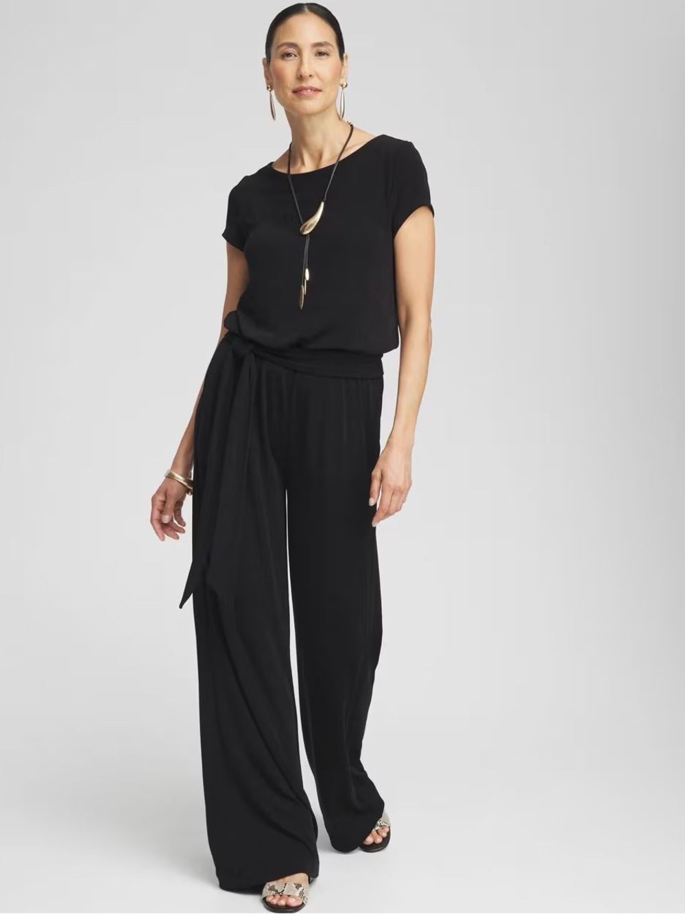 Chico's Travelers Cap Sleeve Jumpsuit Black Sz 2 L Gold Zip Pockets Wide Leg